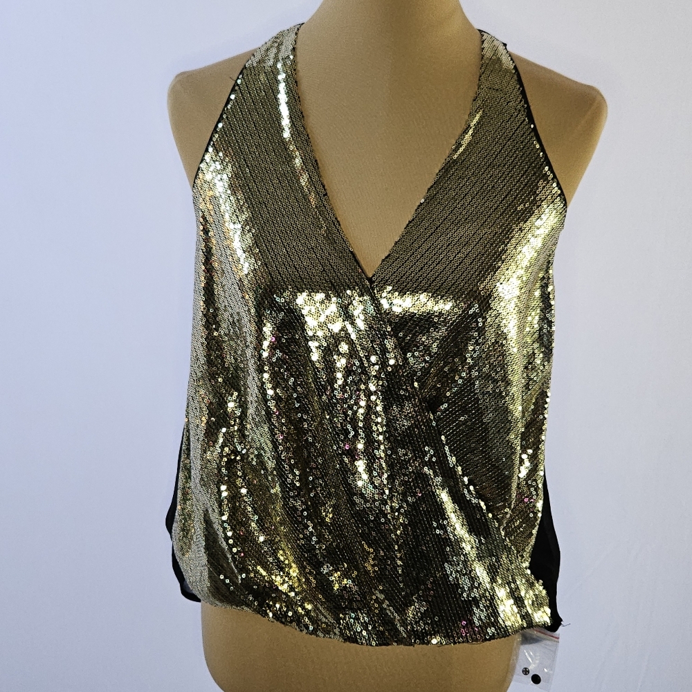 ASTR the Label Gold Sequin V-Neck Halter Top - S